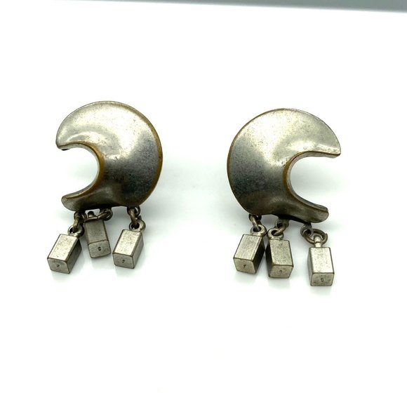 Vintage Distressed Crescent Moon Earrings with Cube Dangles, Great Grunge Vibes - Picture 2 of 6